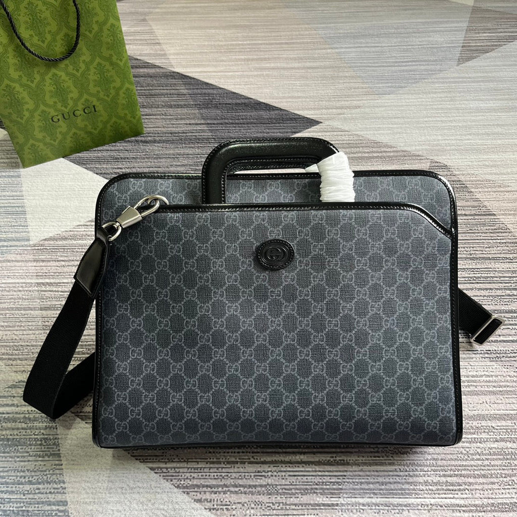 GUCCI BRIEFCASE 40 WITH INTERLOCKING G BLACK CANVAS