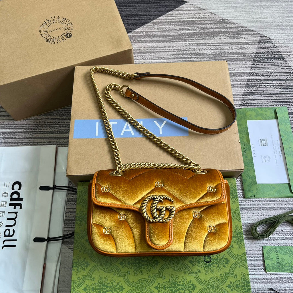 GUCCI MARMONT MINI 22 BAG IN GOLDEN VELVET