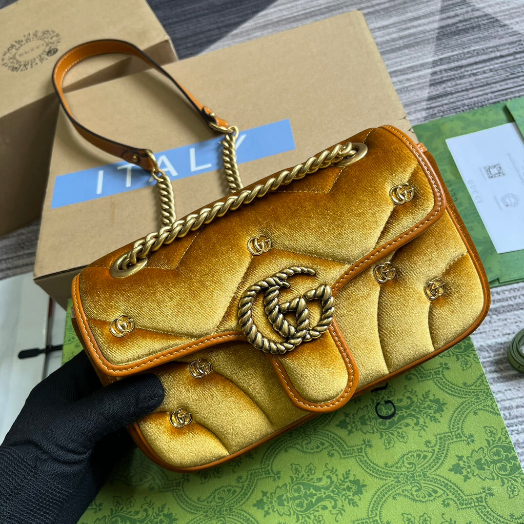 GUCCI MARMONT MINI 22 BAG IN GOLDEN VELVET