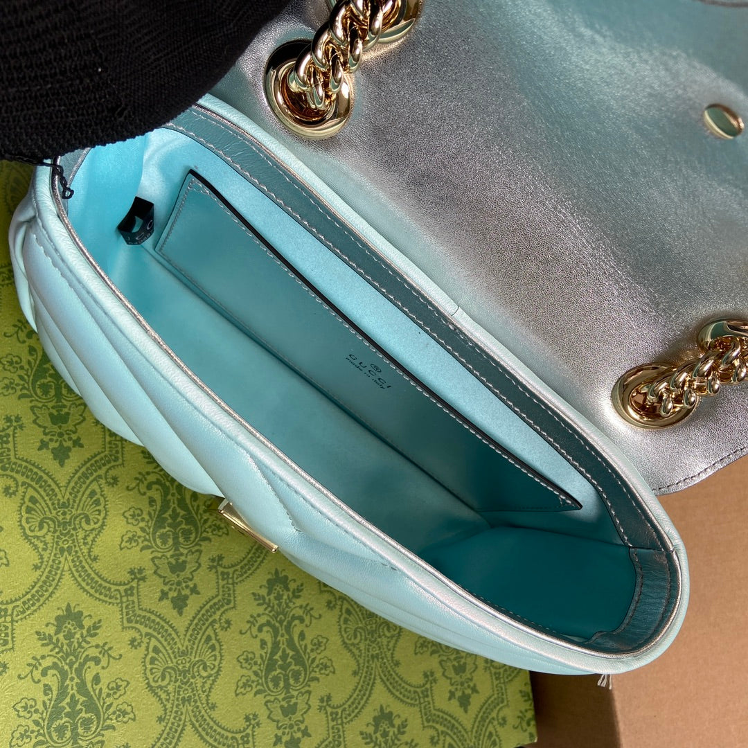GUCCI MARMONT 23 SMALL SHOULDER BAG BLUE IRIDESCENT CALFSKIN