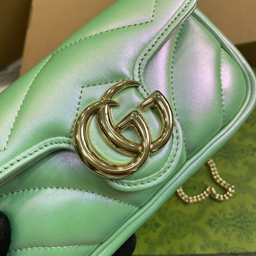 GUCCI MARMONT 16 MINI SHOULDER BAG GREEN IRIDESCENT CALFSKIN