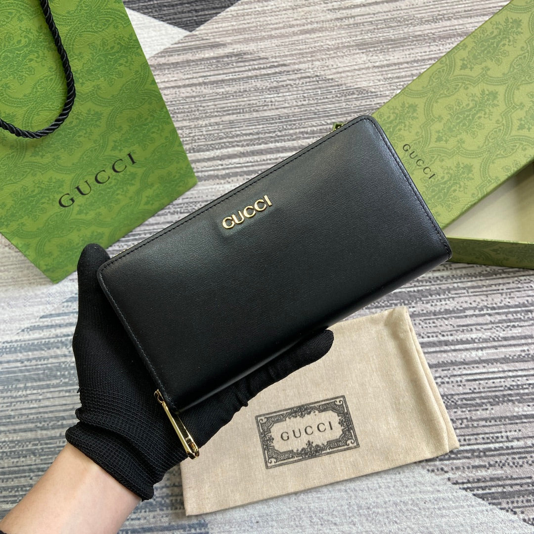 GUCCI ZIP AROUND WALLET 20 IN BLACK CALFSKIN GOLD HARDWARE