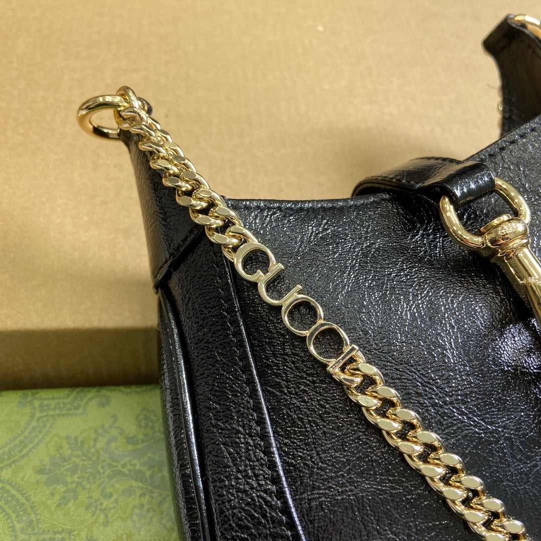 GUCCI JACKIE NOTTE MINI BAG 19 IN BLACK CRACKED LACQUER CALFSKIN GOLD HARDWARE