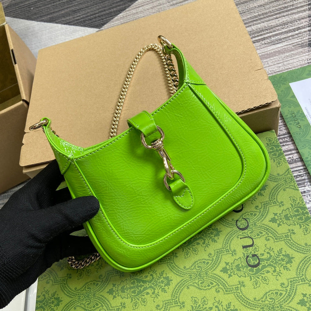 GUCCI JACKIE NOTTE MINI BAG 19 IN LIME GREEN CRACKED LACQUER CALFSKIN GOLD HARDWARE