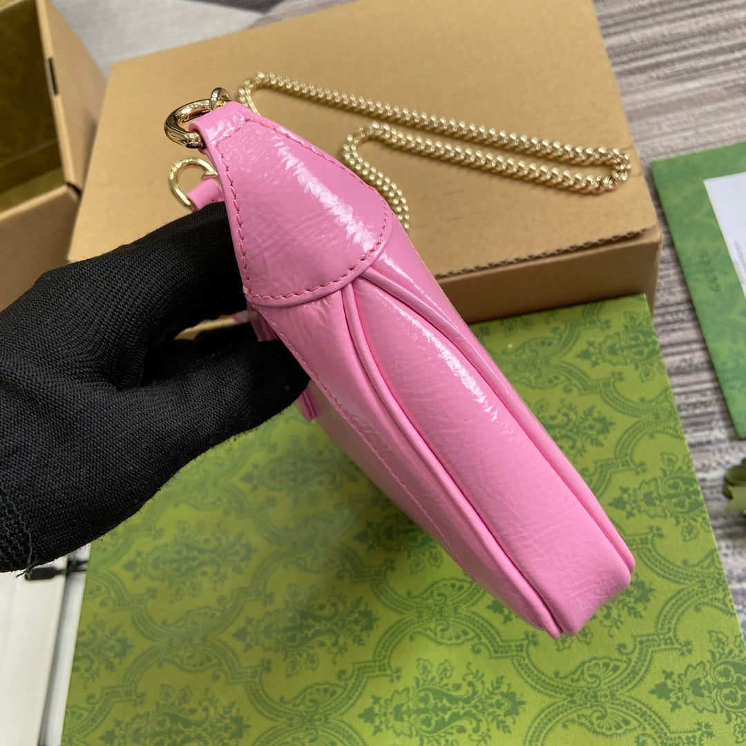 GUCCI JACKIE NOTTE MINI BAG 19 IN PINK CRACKED LACQUER CALFSKIN GOLD HARDWARE