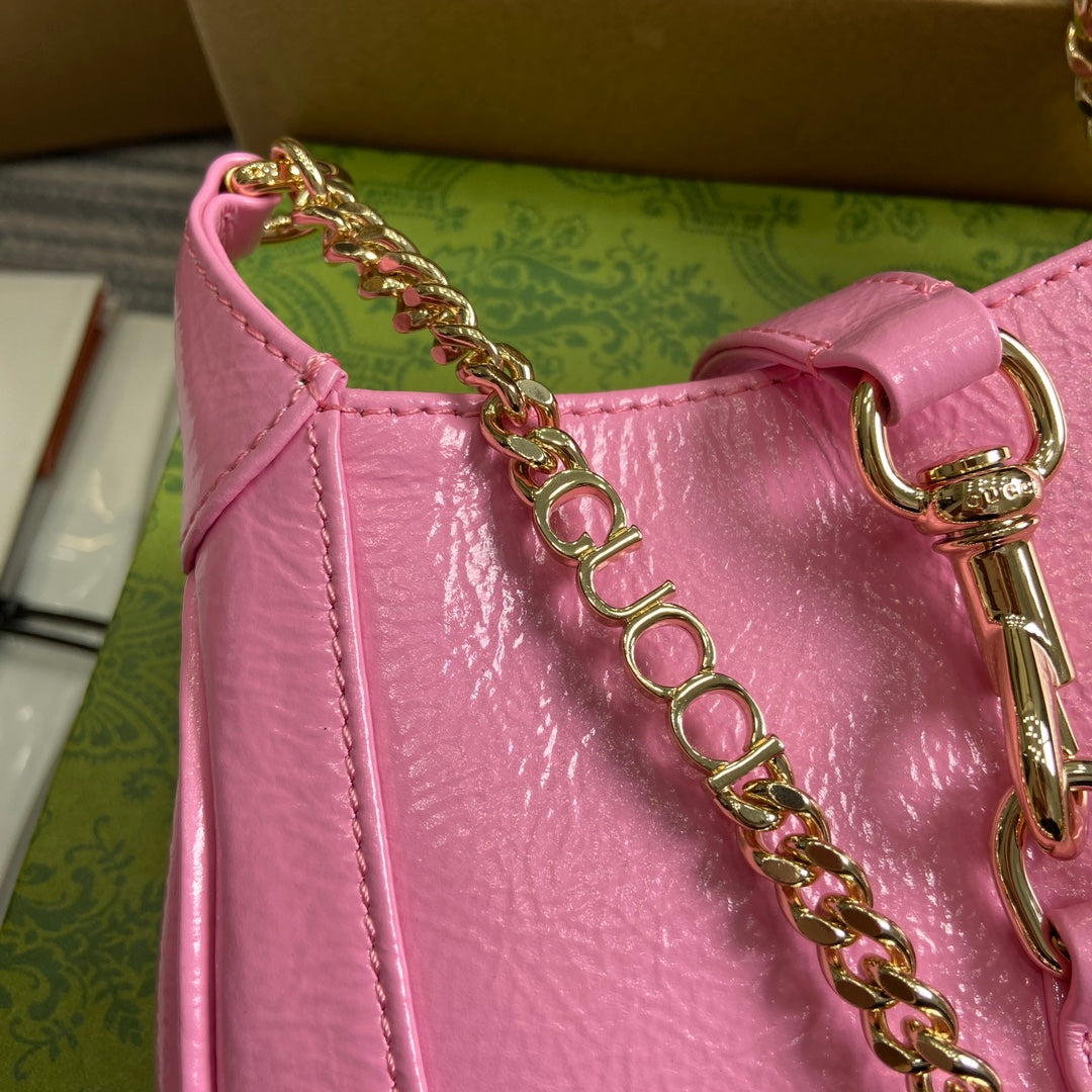 GUCCI JACKIE NOTTE MINI BAG 19 IN PINK CRACKED LACQUER CALFSKIN GOLD HARDWARE