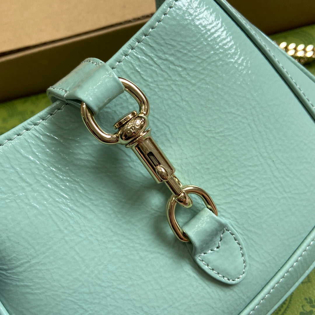 GUCCI JACKIE NOTTE MINI BAG 19 IN MINT GREEN CRACKED LACQUER CALFSKIN GOLD HARDWARE