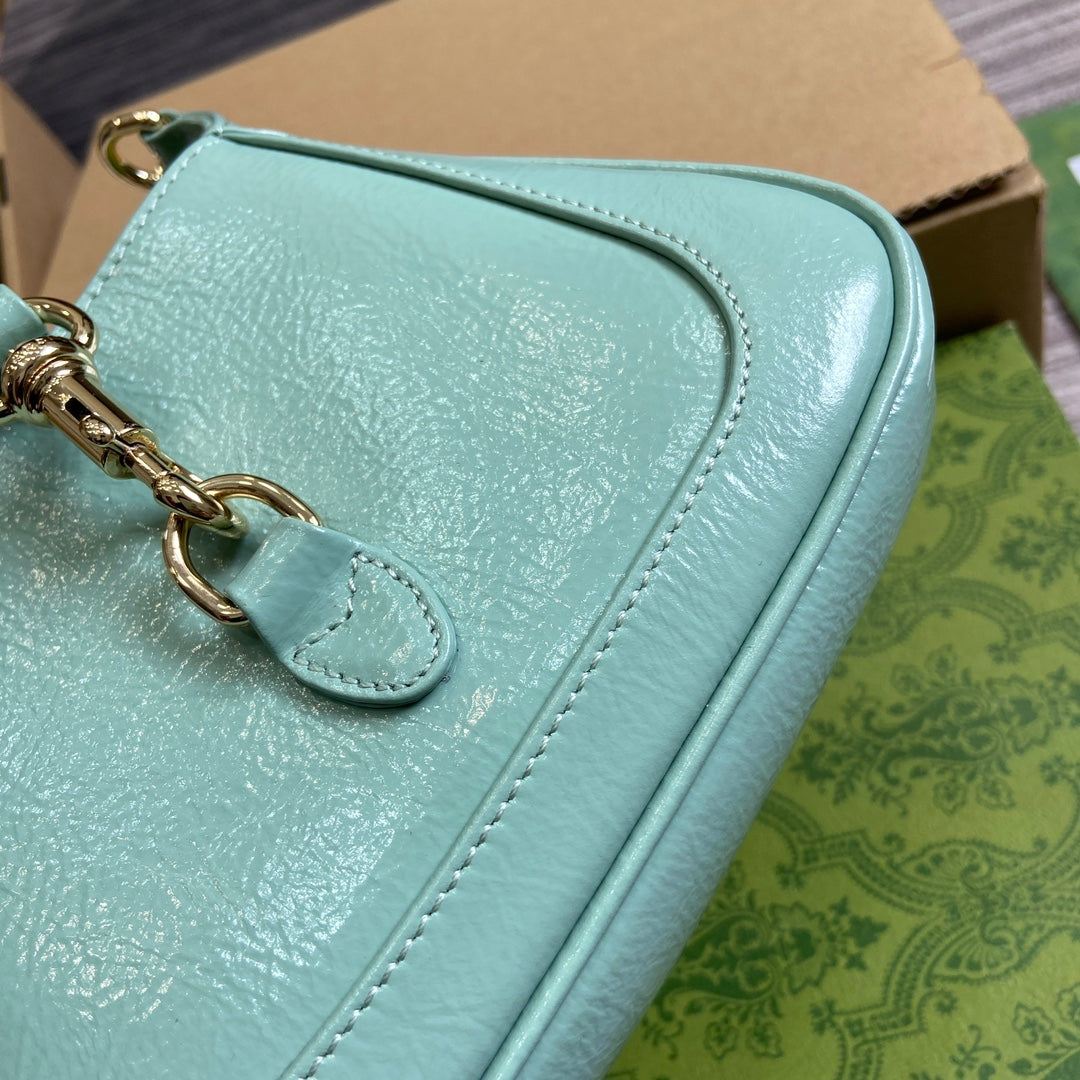 GUCCI JACKIE NOTTE MINI BAG 19 IN MINT GREEN CRACKED LACQUER CALFSKIN GOLD HARDWARE
