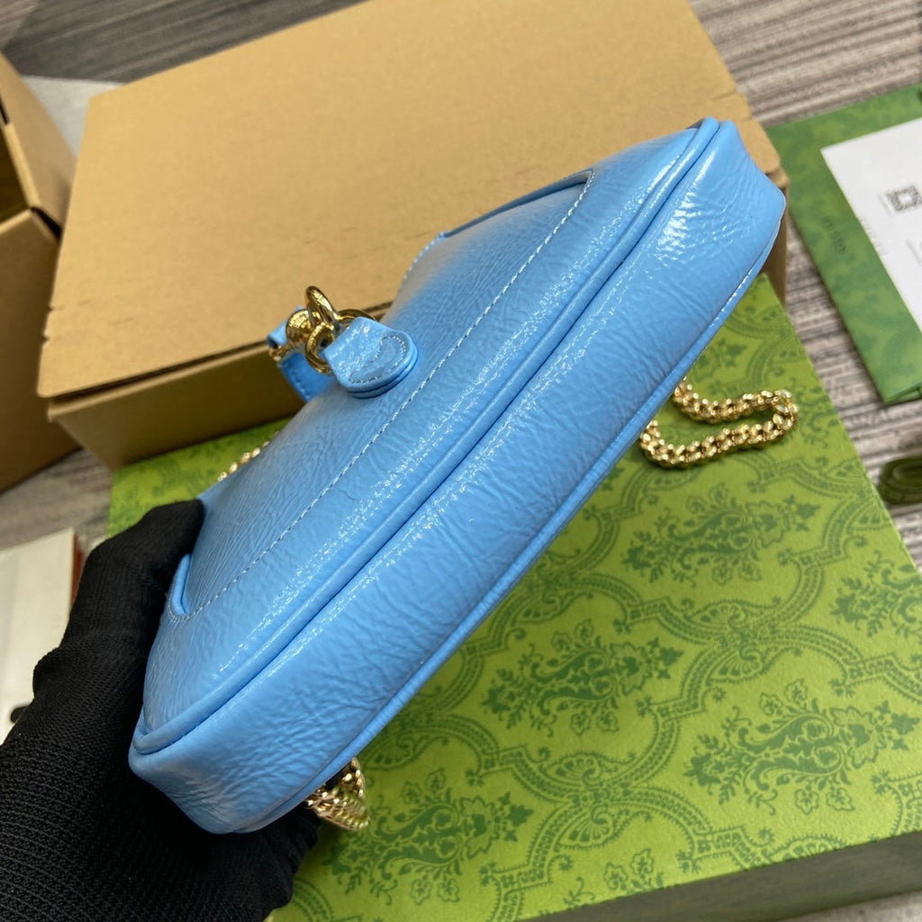 GUCCI JACKIE NOTTE MINI BAG 19 IN OCEAN BLUE CRACKED LACQUER CALFSKIN GOLD HARDWARE