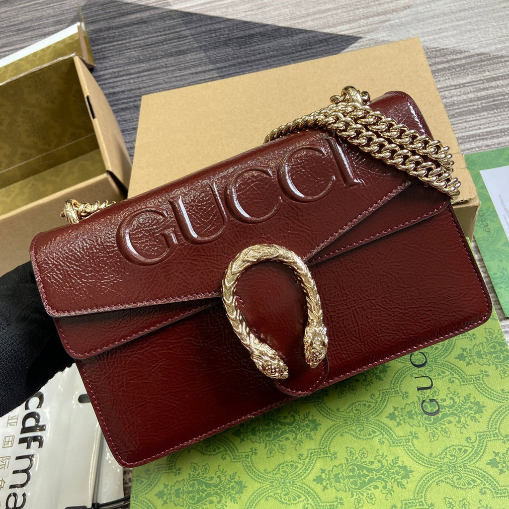 GUCCI DYONYSUS SMALL SHOULDER BAG 28 IN WINE RED LACQUER EMBOSSED CALFSKIN SILVER HARDWARE