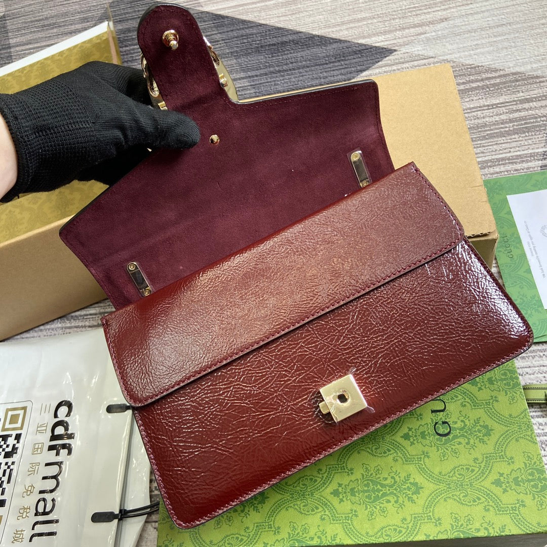 GUCCI DYONYSUS SMALL SHOULDER BAG 28 IN WINE RED LACQUER EMBOSSED CALFSKIN SILVER HARDWARE