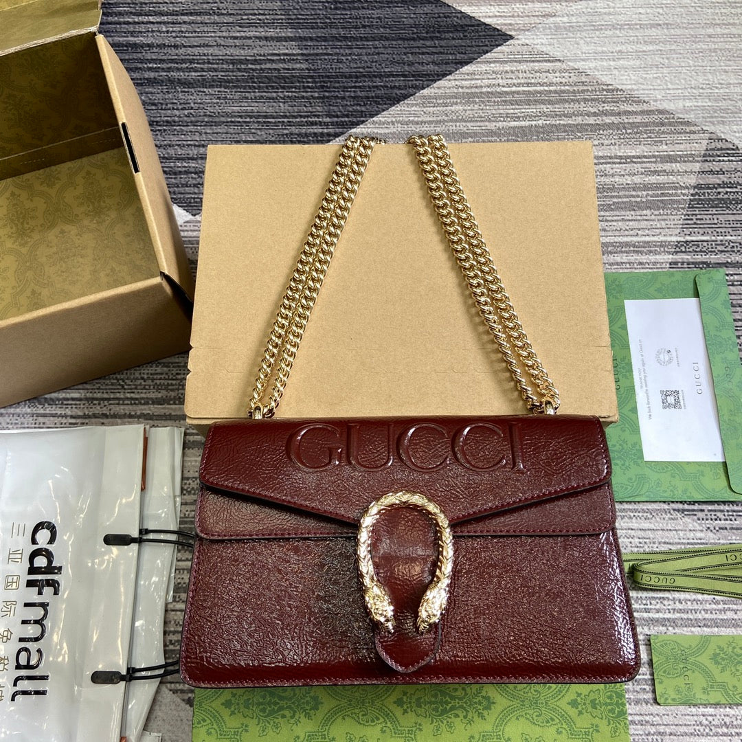 GUCCI DYONYSUS SMALL SHOULDER BAG 28 IN WINE RED LACQUER EMBOSSED CALFSKIN SILVER HARDWARE