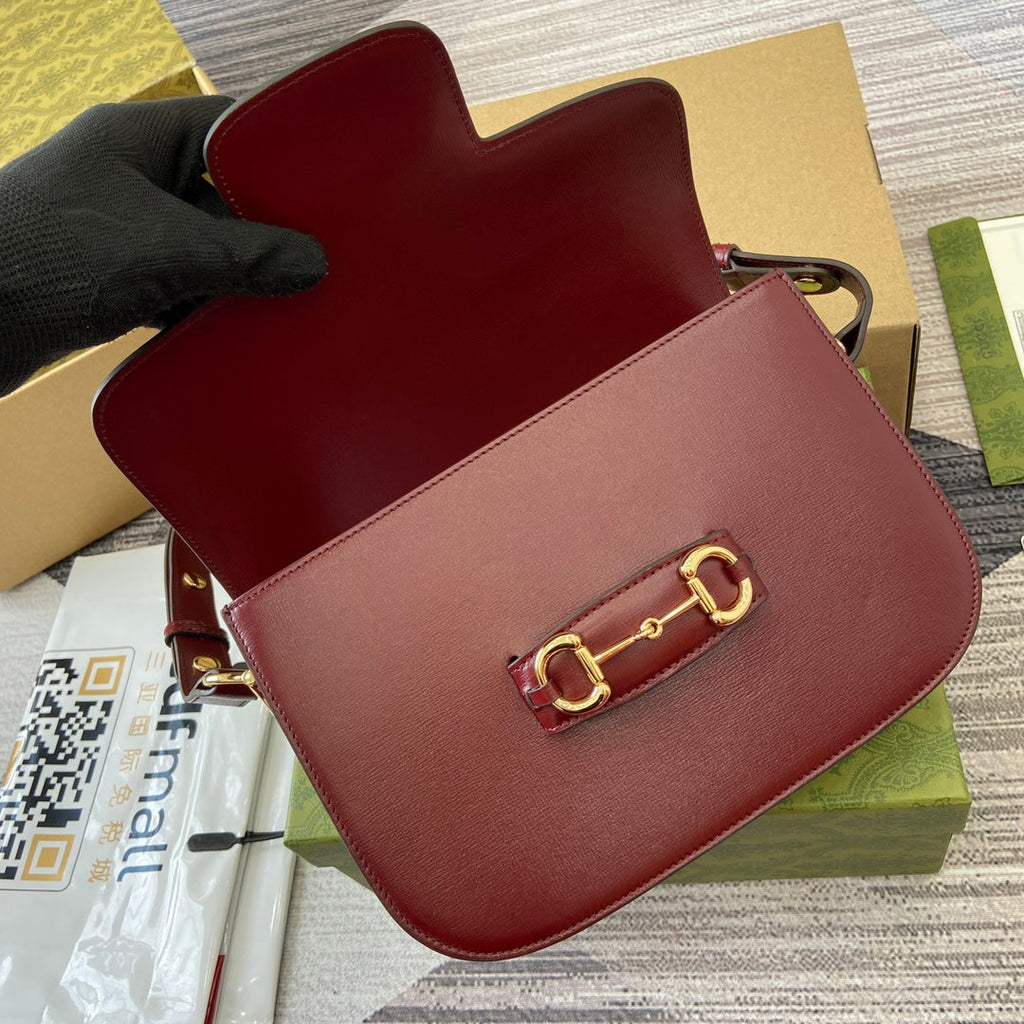 GUCCI HORSEBIT 1955 SHOULDER BAG 25 IN WINE RED LAMBSKIN GOLD HARDWARE