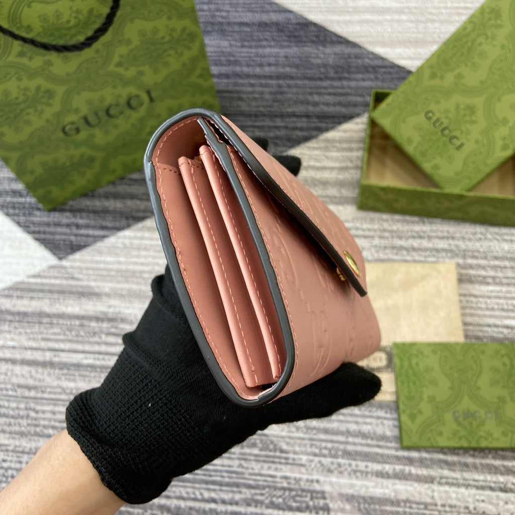 GUCCI CONTINENTAL WALLET 19 IN PINK EMBOSSED CALFSKIN GOLD HARDWARE
