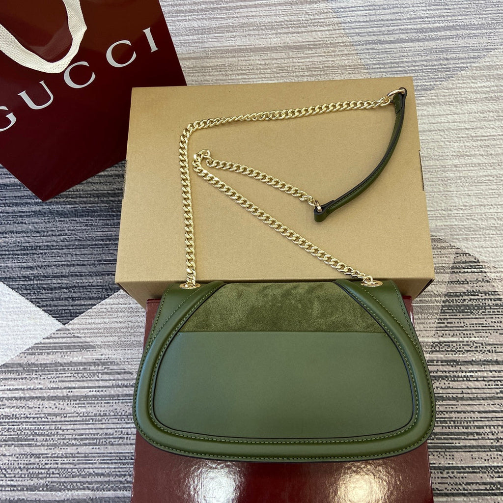GUCCI BLONDIE SMALL SHOULDER BAG 26 IN JUNIPER GREEN CALFSKIN AND SUEDE GOLD HARDWARE
