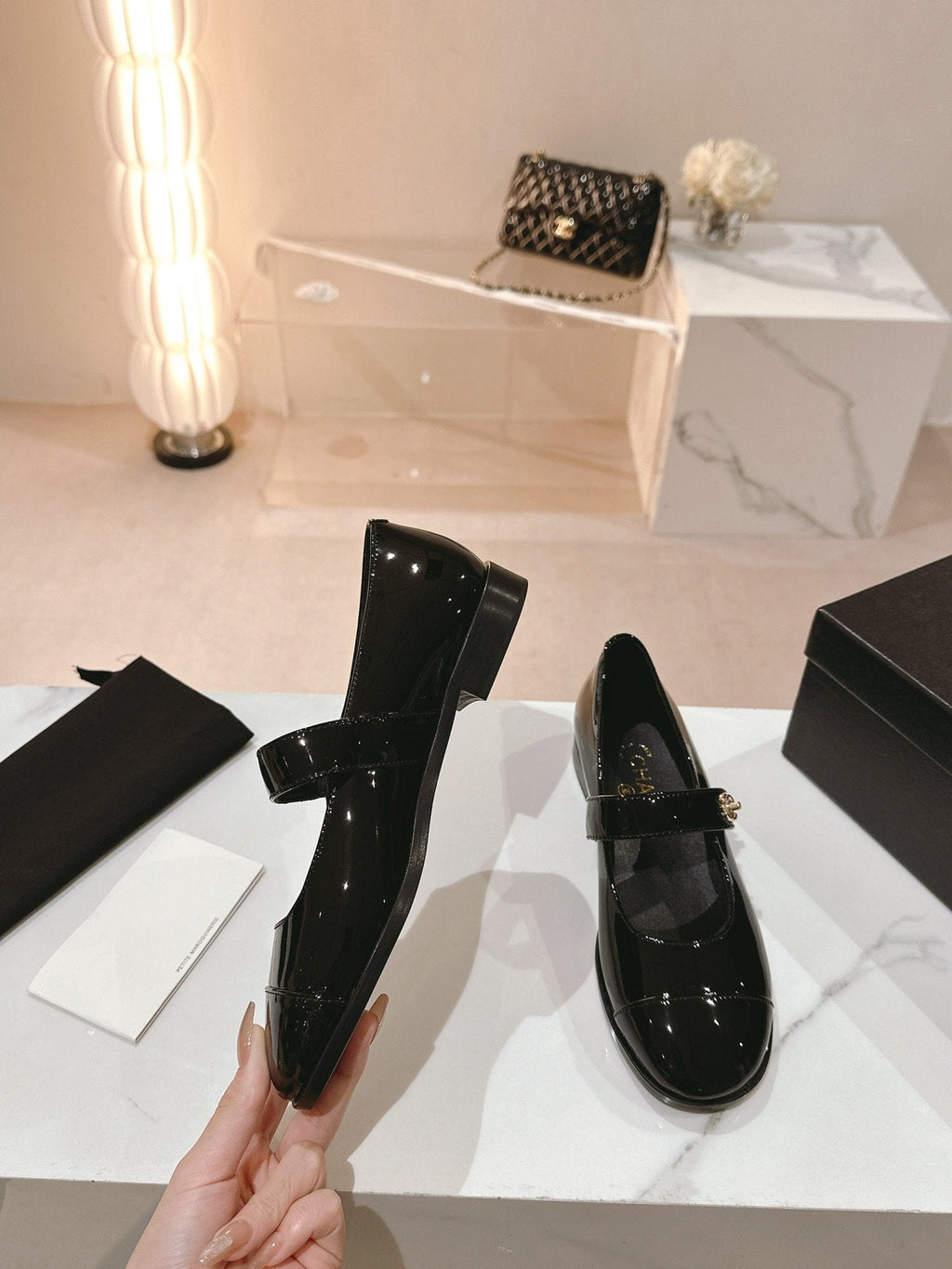 CHANEL mary jane flat black patent calfskin