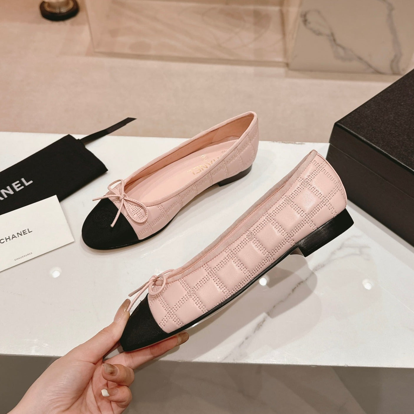 CHANEL Double C New Ballet Flats Light Pink Black Lambskin