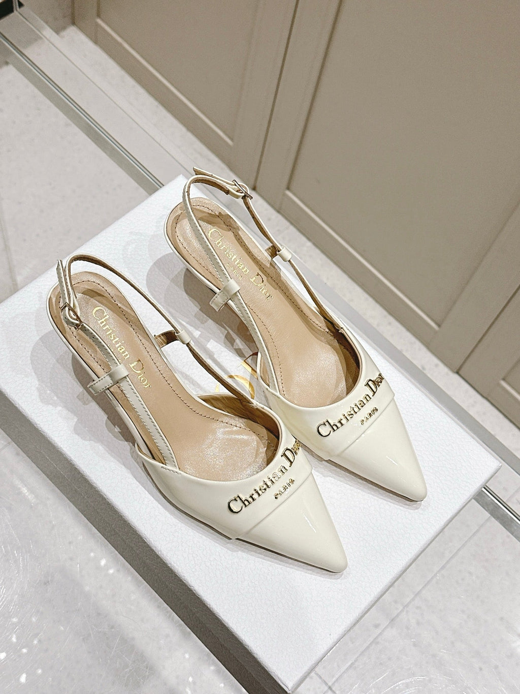 DIOR MY DD 25S SLINGBACK PUMP 50MM IN WHITE GLOSSY CALFSKIN