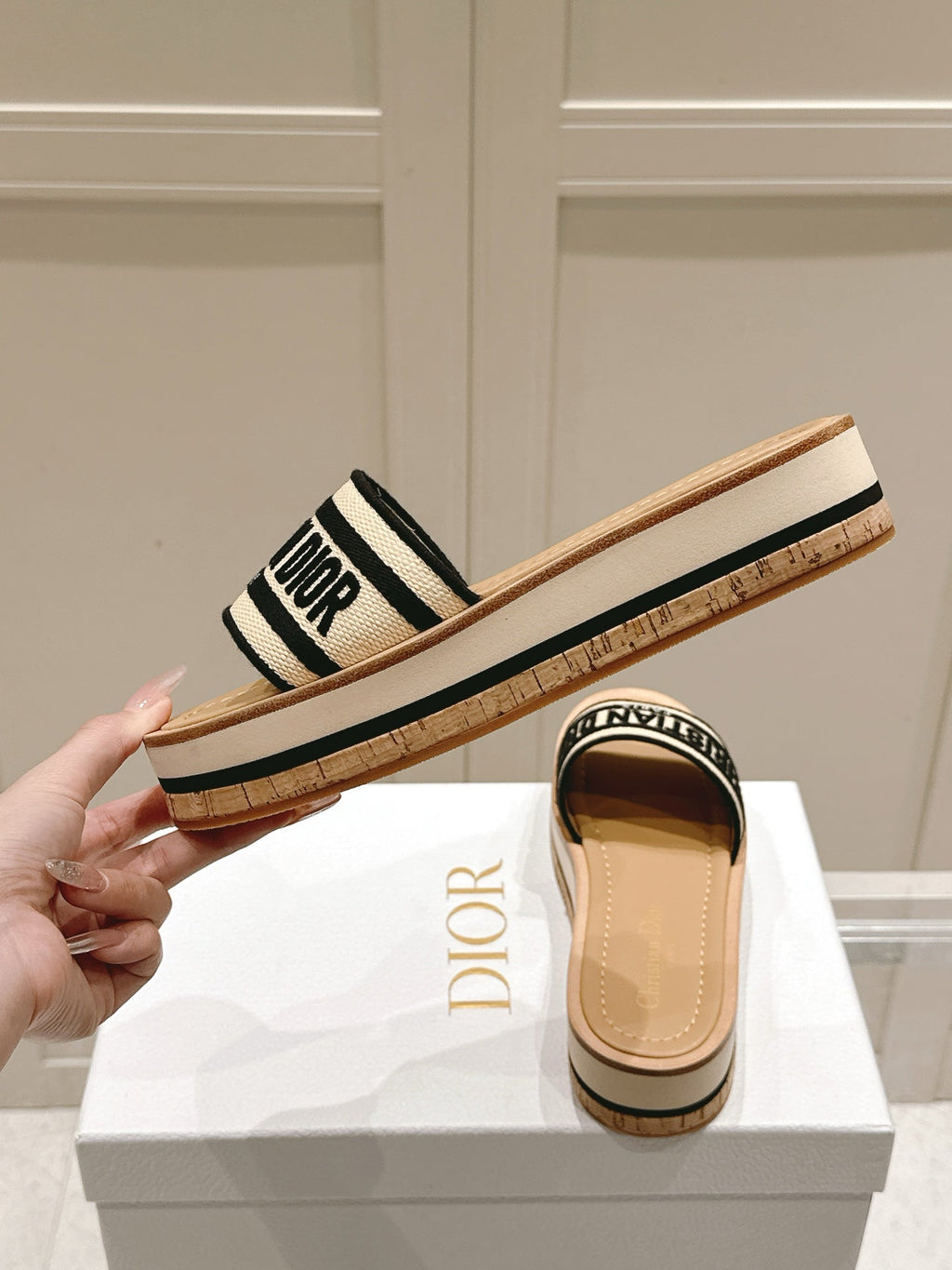 DIOR DWAY WEDGE SLIDES 45MM IN BEIGE AND BLACK FABRIC RAFFIA SOLE