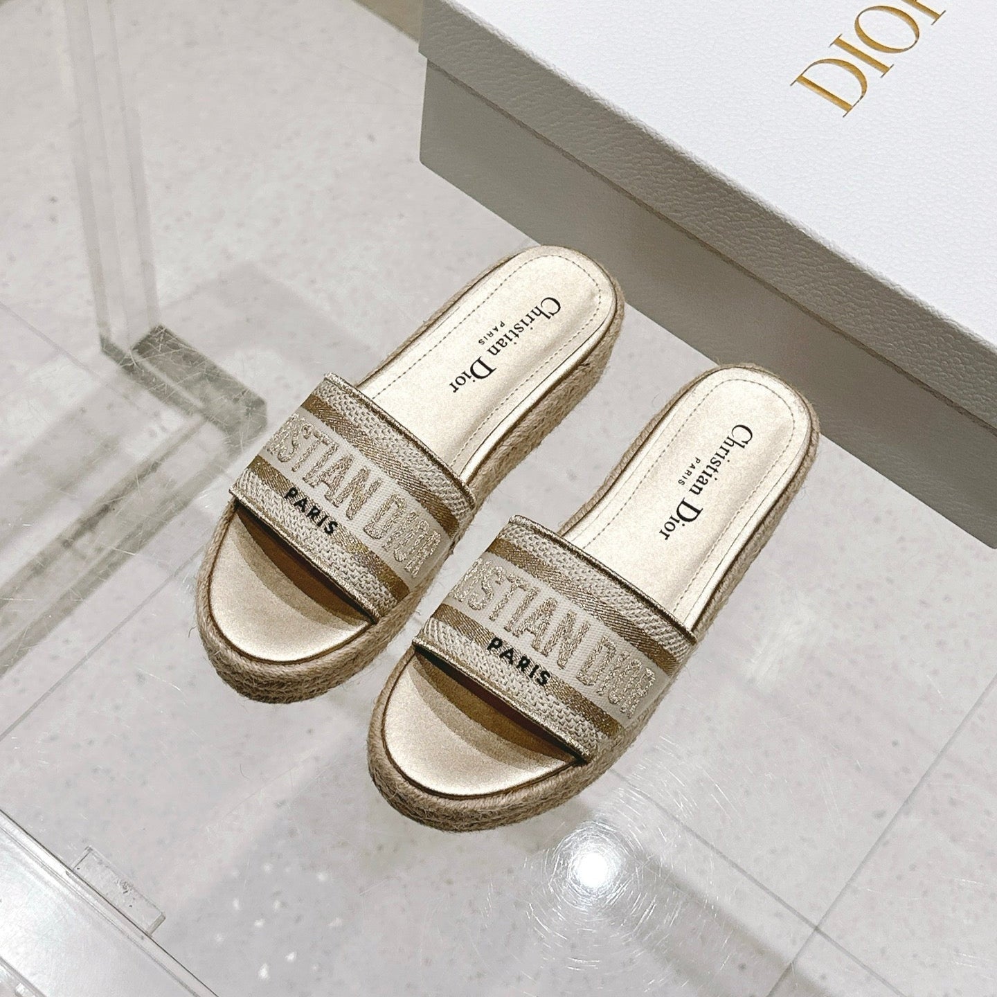 DIOR DWAY WEDGE SLIDES 45MM IN WARM GREIGE FABRIC RAFFIA SOLE