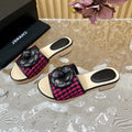 CHANEL PLATFORM SLIPPERS WITH FLOWER IN BARBIE PINK MIX BLACK LAMBSKIN