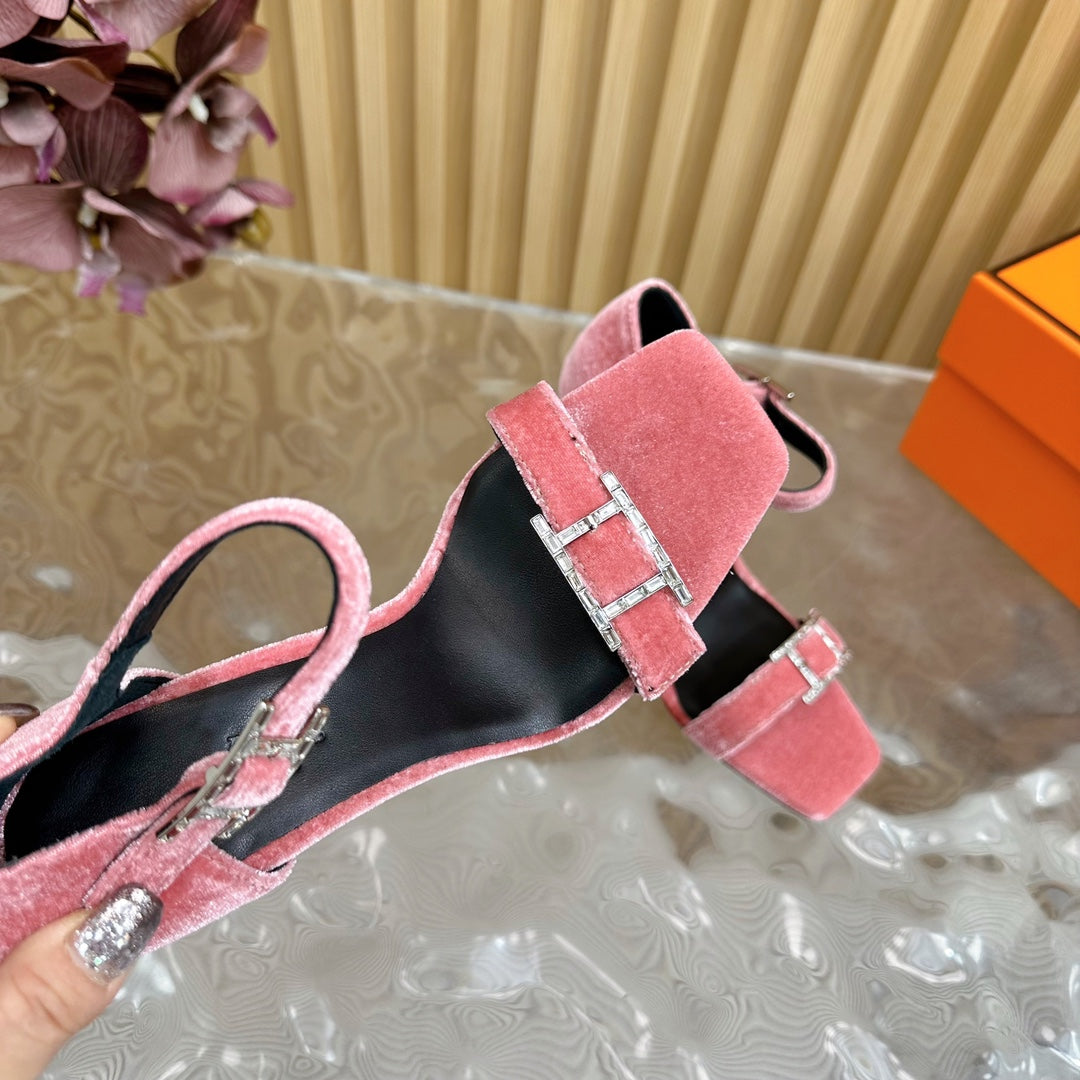 HERMES JULY SANDAL 105 MM IN ROUGE PINK VELVET