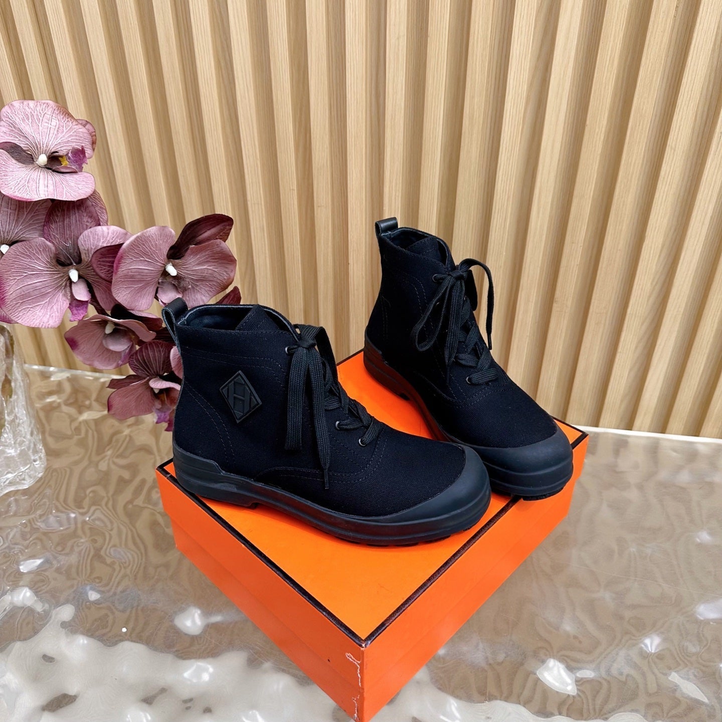 HERMES 25S KOOLER ANKLE BOOTS IN BLACK CANVAS
