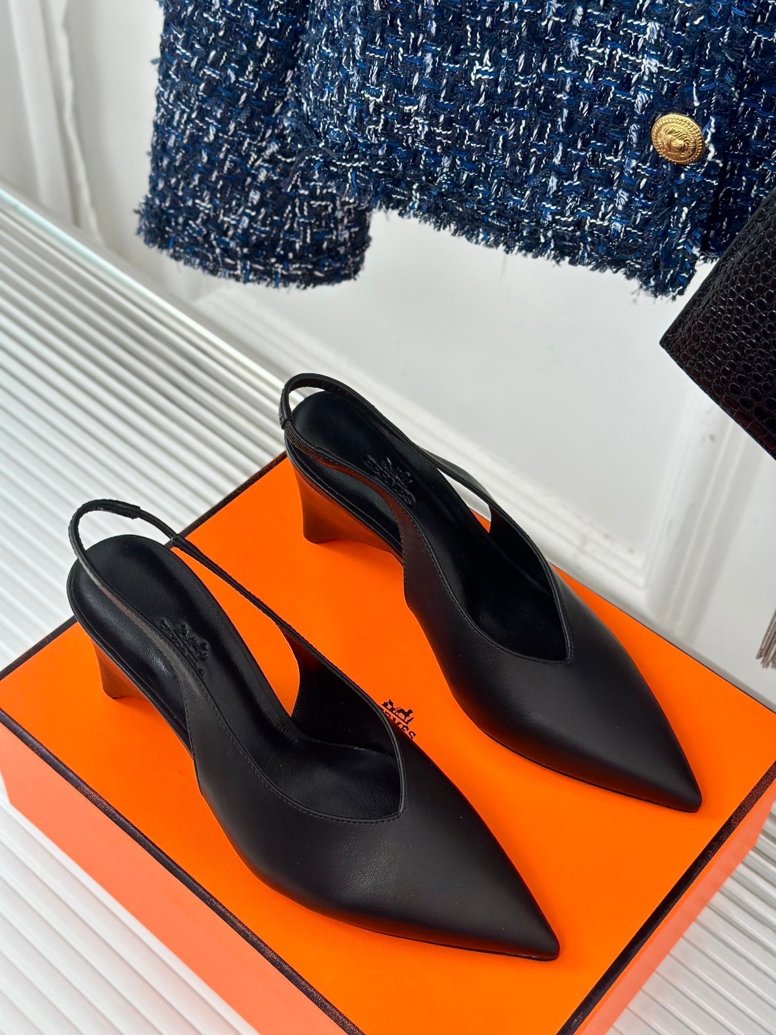 HERMES HIGH HEEL 75 MM POINTED- TOE SANDAL IN BLACK CALFSKIN