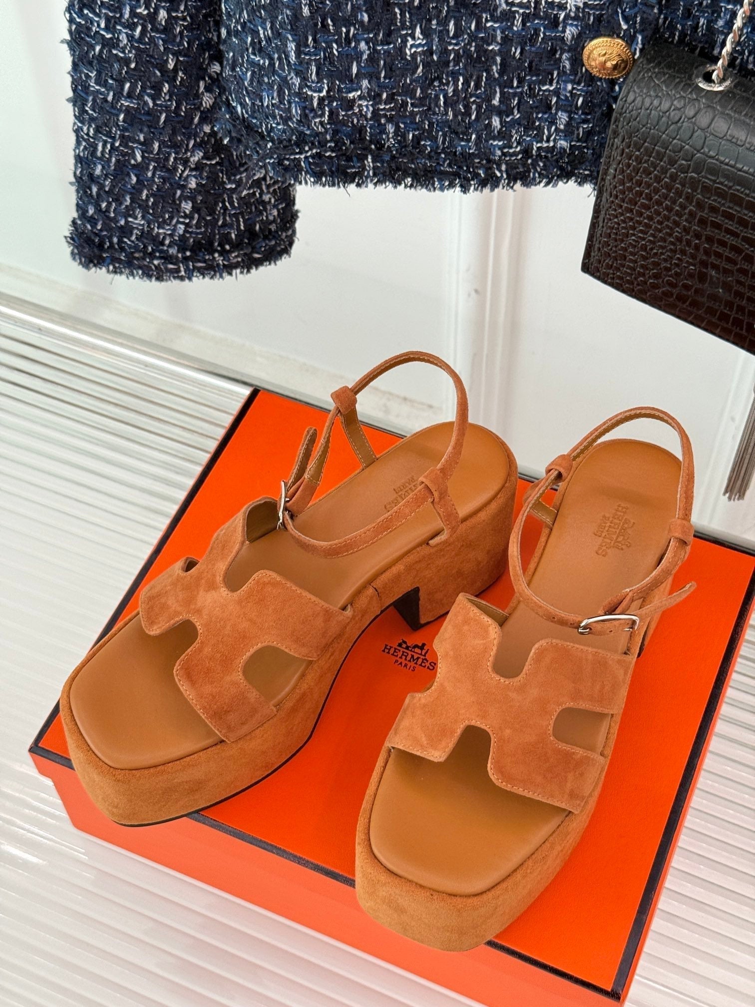 HERMES 25S JAM 30 HIGH-HEEL SANDAL IN TERRACOTTA ORANGE SUEDE
