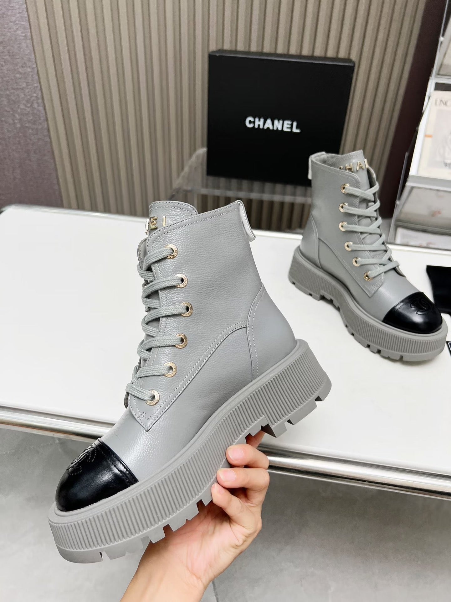 CHANEL SHORT BOOTS IN SLATE GREY MIX BLACK COWHIDE