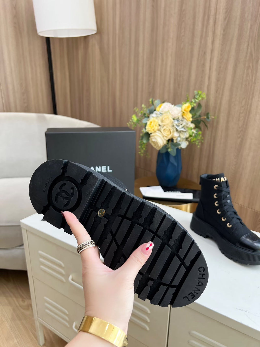 CHANEL SHORT BOOTS IN BLACK TWEED AND CALFSKIN