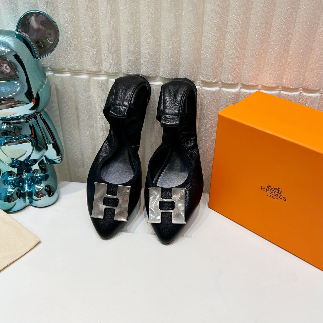 HERMES H-BUCKLE BALLLET FLAT BLACK CALFSKIN