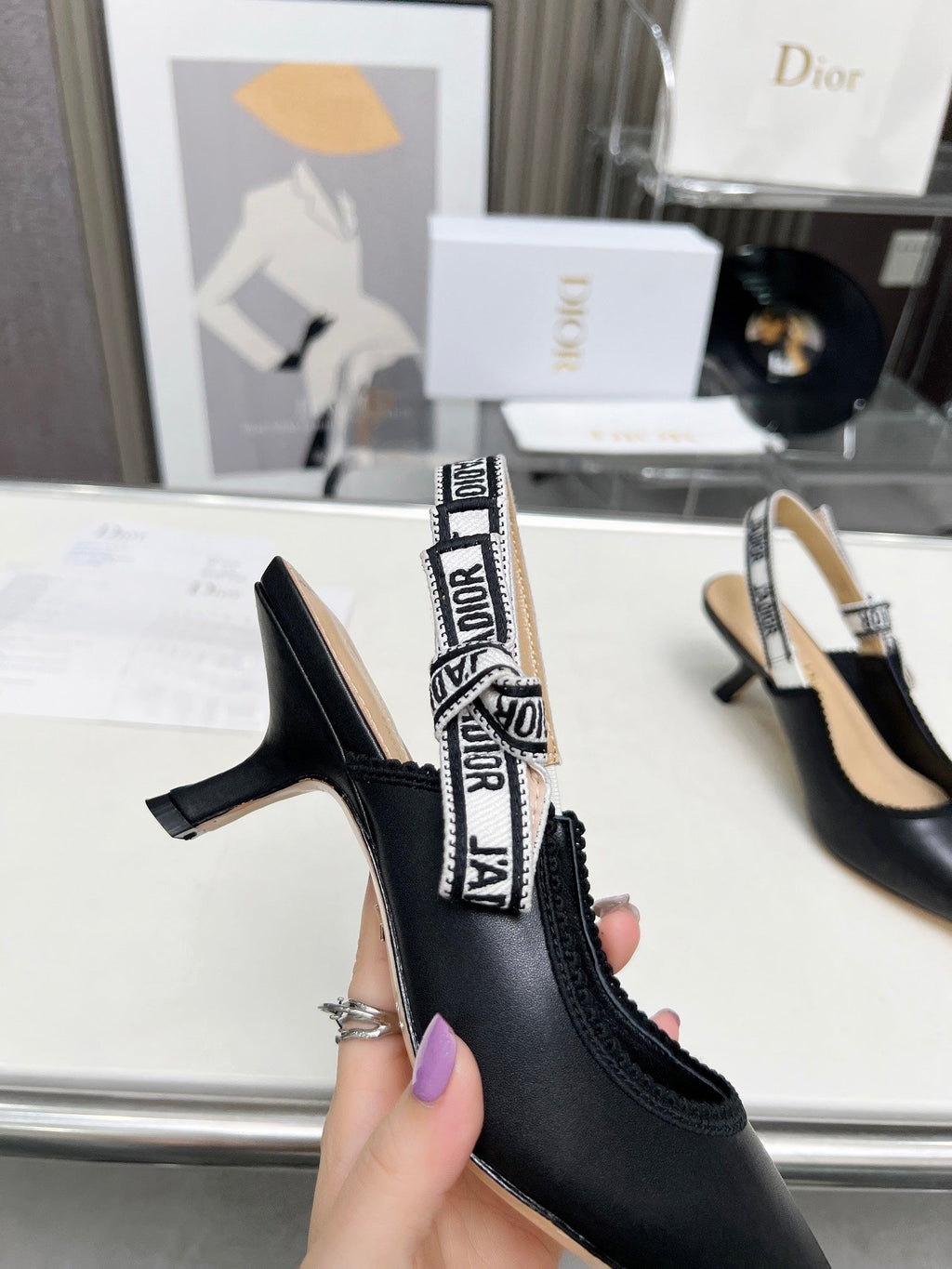 DIOR J'A SLINGBACK PUMP BLACK CALFSKIN AND EMBROIDERED FABRIC 65 MM