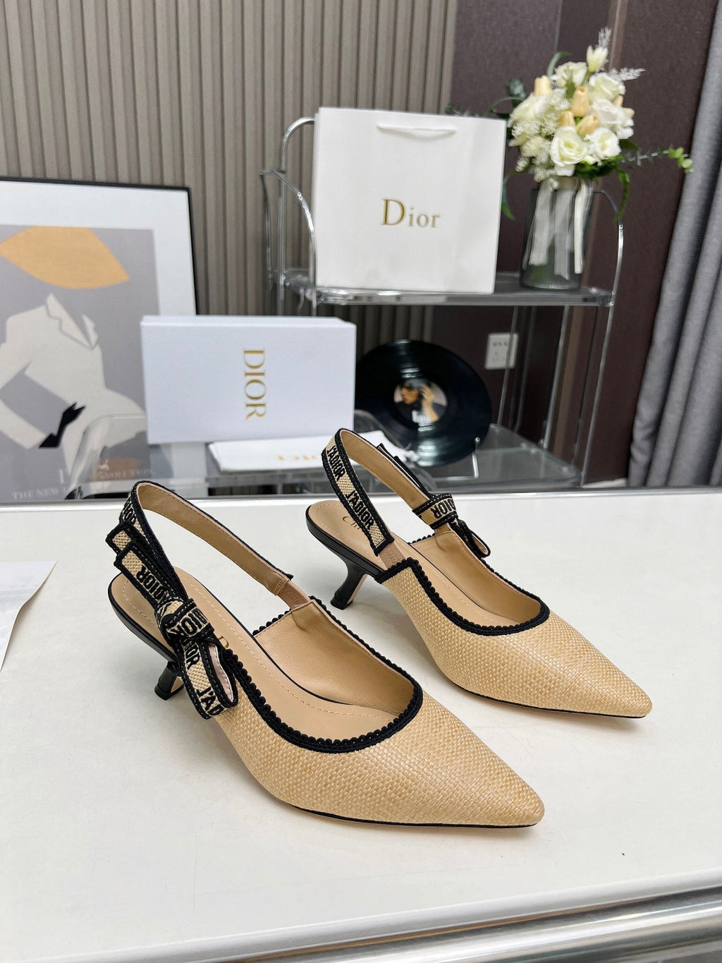 DIOR J'A SLINGBACK PUMP NATURAL RAFFIA AND BLACK EMBROIDERED COTTON 65 MM