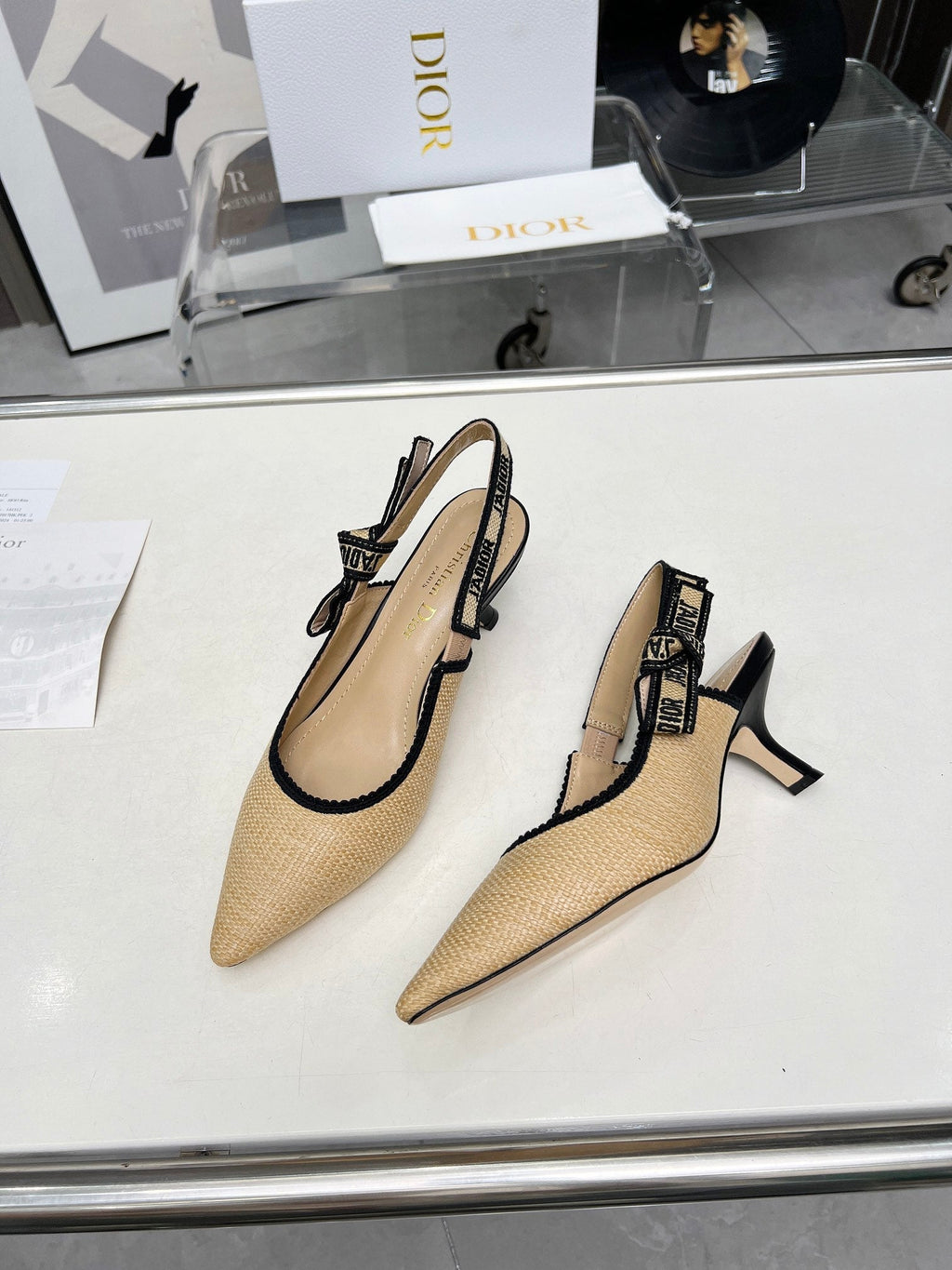 DIOR J'A SLINGBACK PUMP NATURAL RAFFIA AND BLACK EMBROIDERED COTTON 65 MM