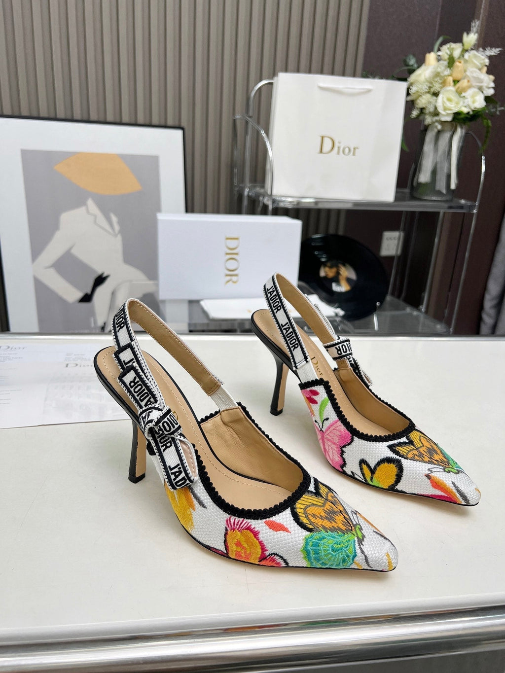 DIOR J'A SLINGBACK PUMP COLORFUL NATURAL RAFFIA AND EMBROIDERED COTTON 10 CM 130857