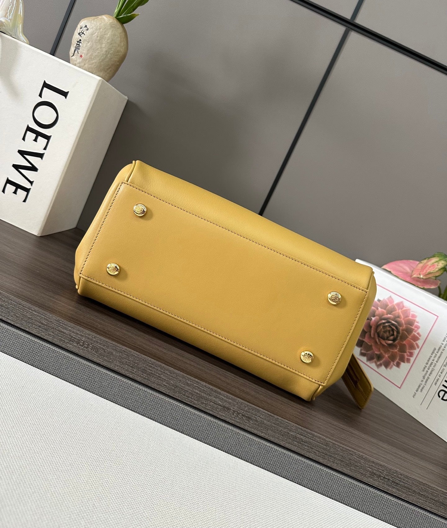 LOEWE 25S MADRID BAG 28 IN SAND YELLOW CALFSKIN GOLD HARDWARE