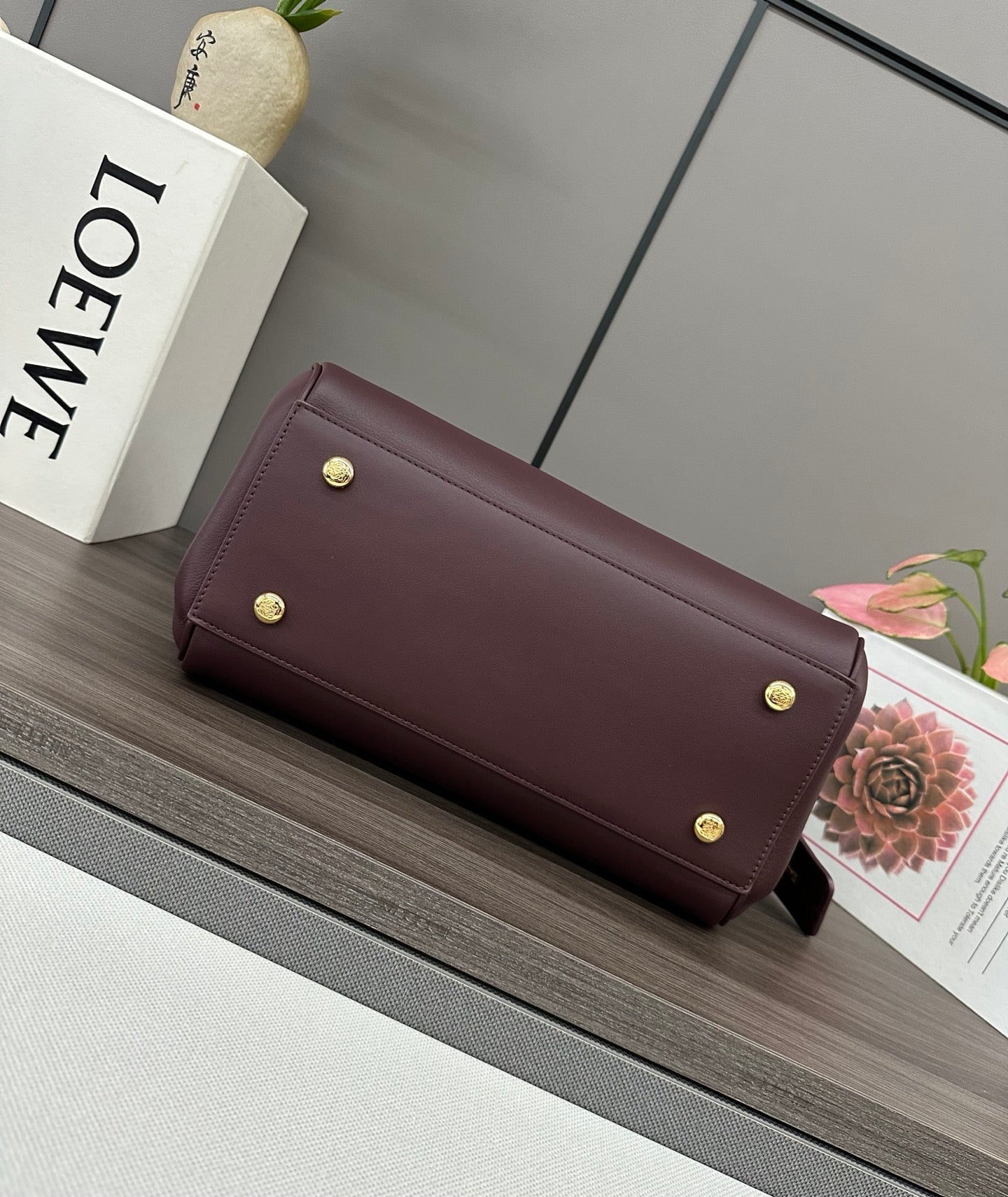LOEWE 25S MADRID BAG 28 IN DARK WINE CALFSKIN GOLD HARDWARE
