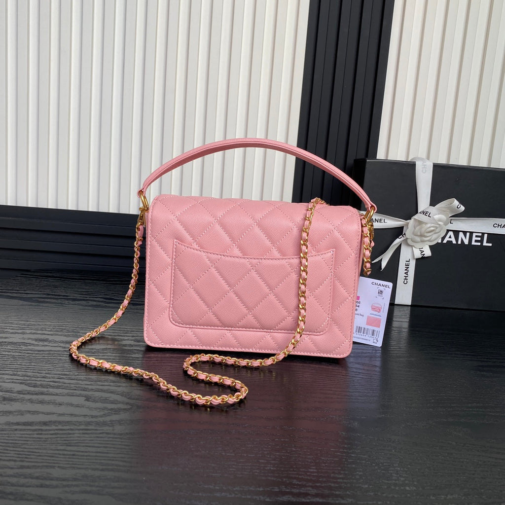 CHANEL RETRO STYLE FLAP BAG 22 IN LIGHT PINK GRAINED CALFSKIN GOLD HARDWARE