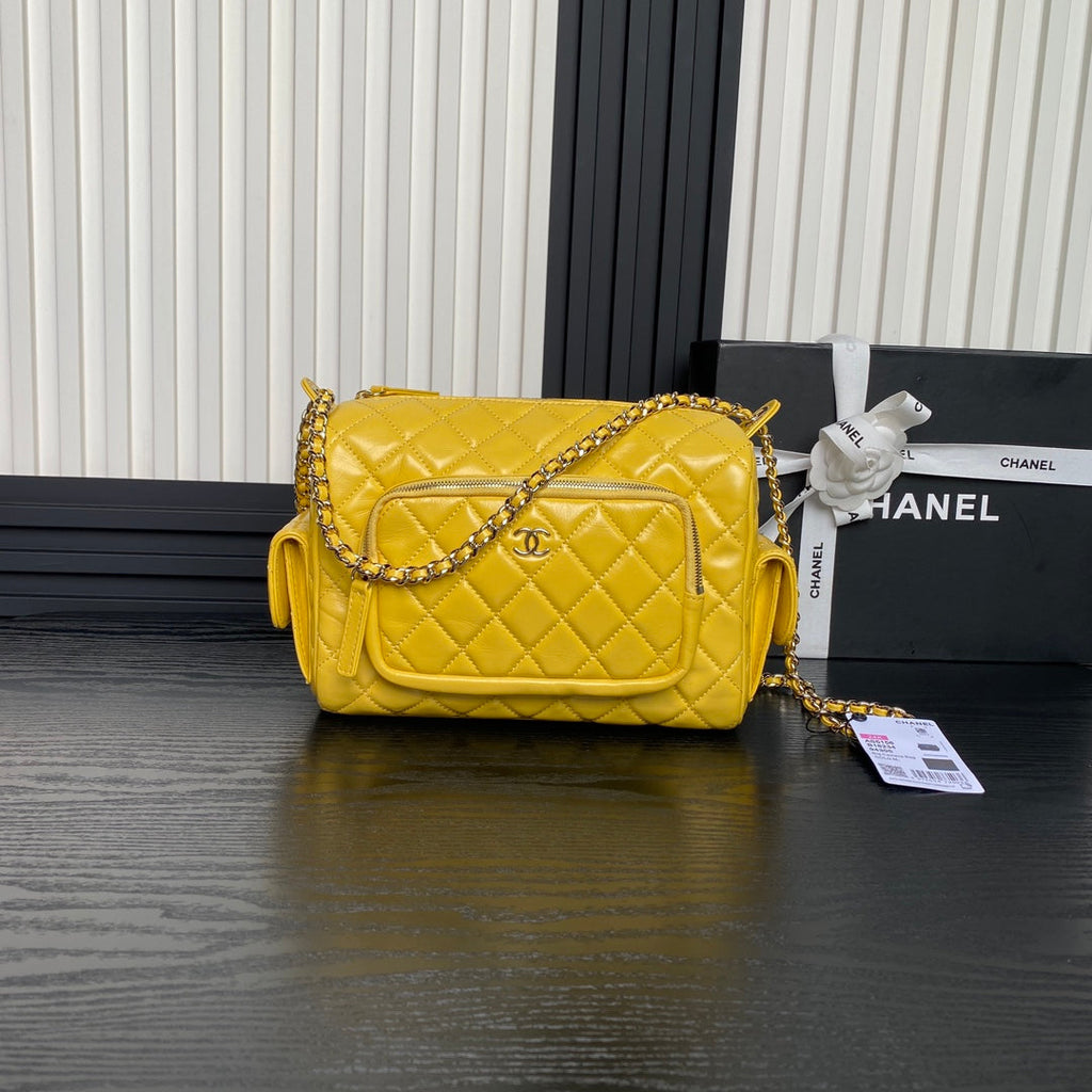CHANEL CAMERA BAG 24 IN MIMOSA YELLOW SHINY CALFSKIN GOLD CHAIN