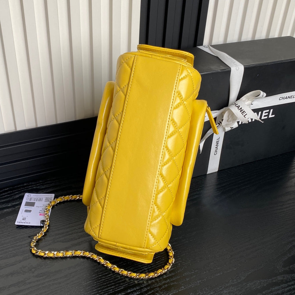 CHANEL CAMERA BAG 24 IN MIMOSA YELLOW SHINY CALFSKIN GOLD CHAIN