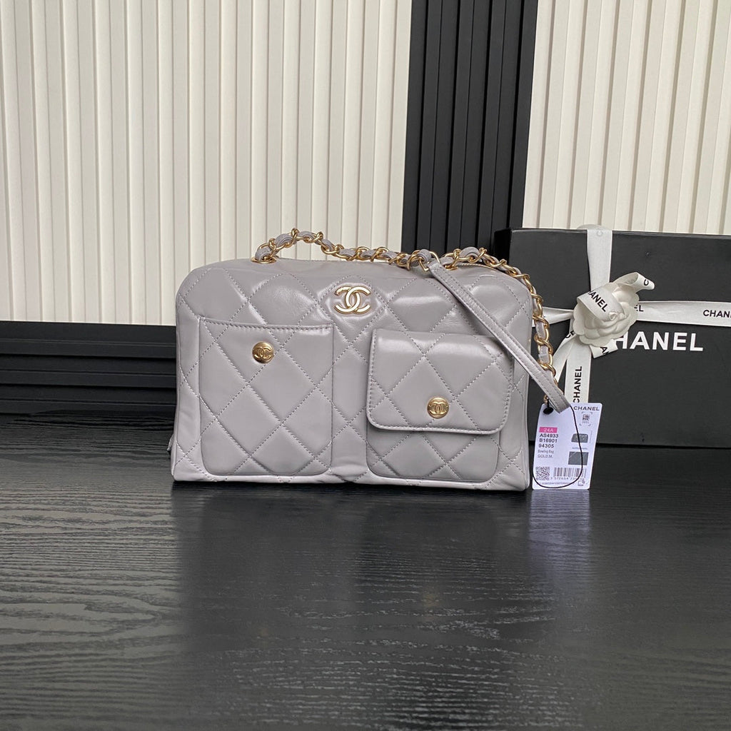 CHANEL BOWLING BAG 29 IN GREY CALFSKIN GOLD HARDWARE
