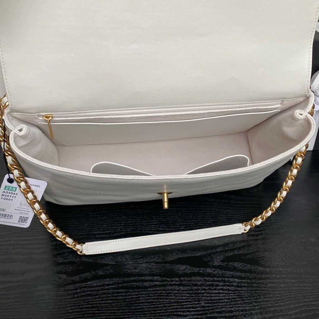 CHANEL 25S TOP HANDLE SHOULDER BAG 37 IN CREAM WHITE CALFSKIN WITH GOLD HARDWARE