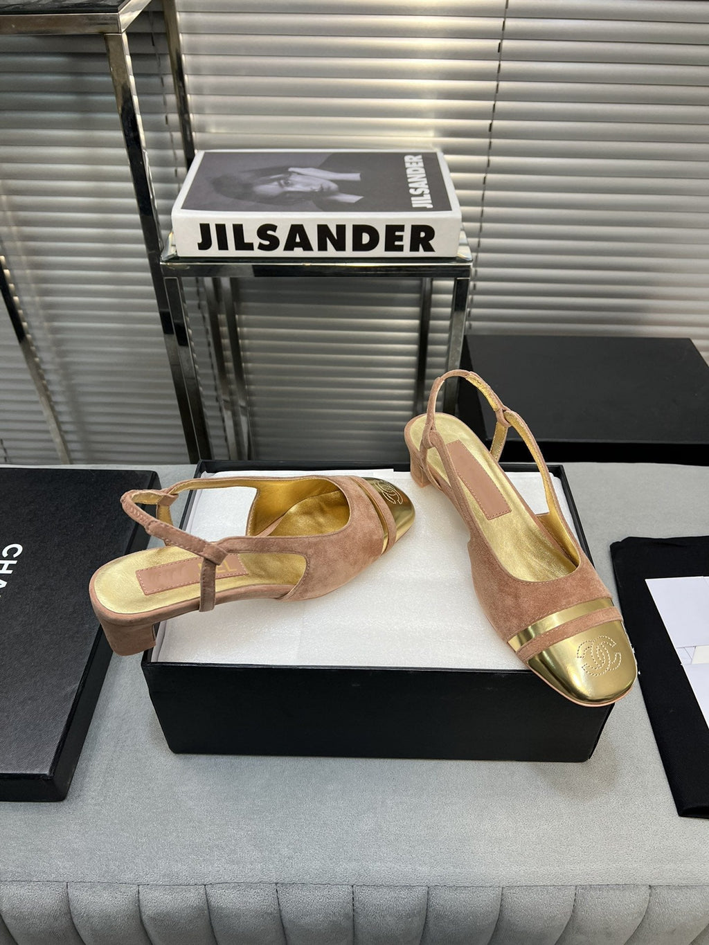 CHANEL slingback rose suede gold metalic lambskin square toe 5.0