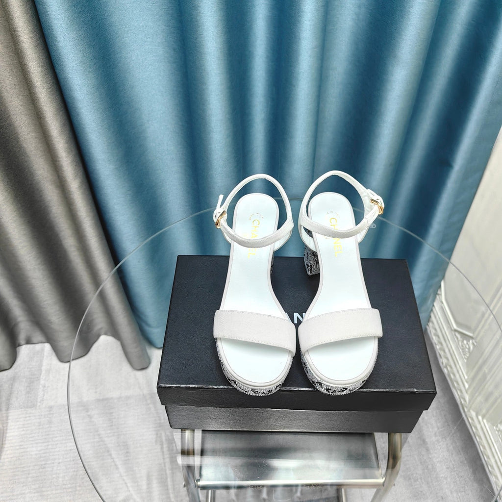 CHANEL Chunky Heel Rhinestone High Sandals White Lambskin