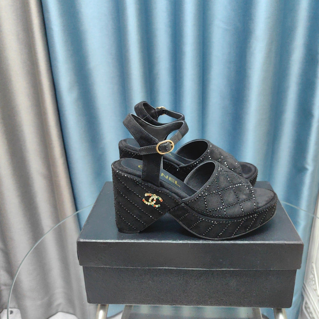 CHANEL THICK-SOLED WEDGE SANDALS IN BLACK SUEDE