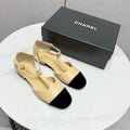 CHANEL MARY JANE 25S IN BEIGE LAMBSKIN AND BLACK SUEDE WITH PEARL HEEL
