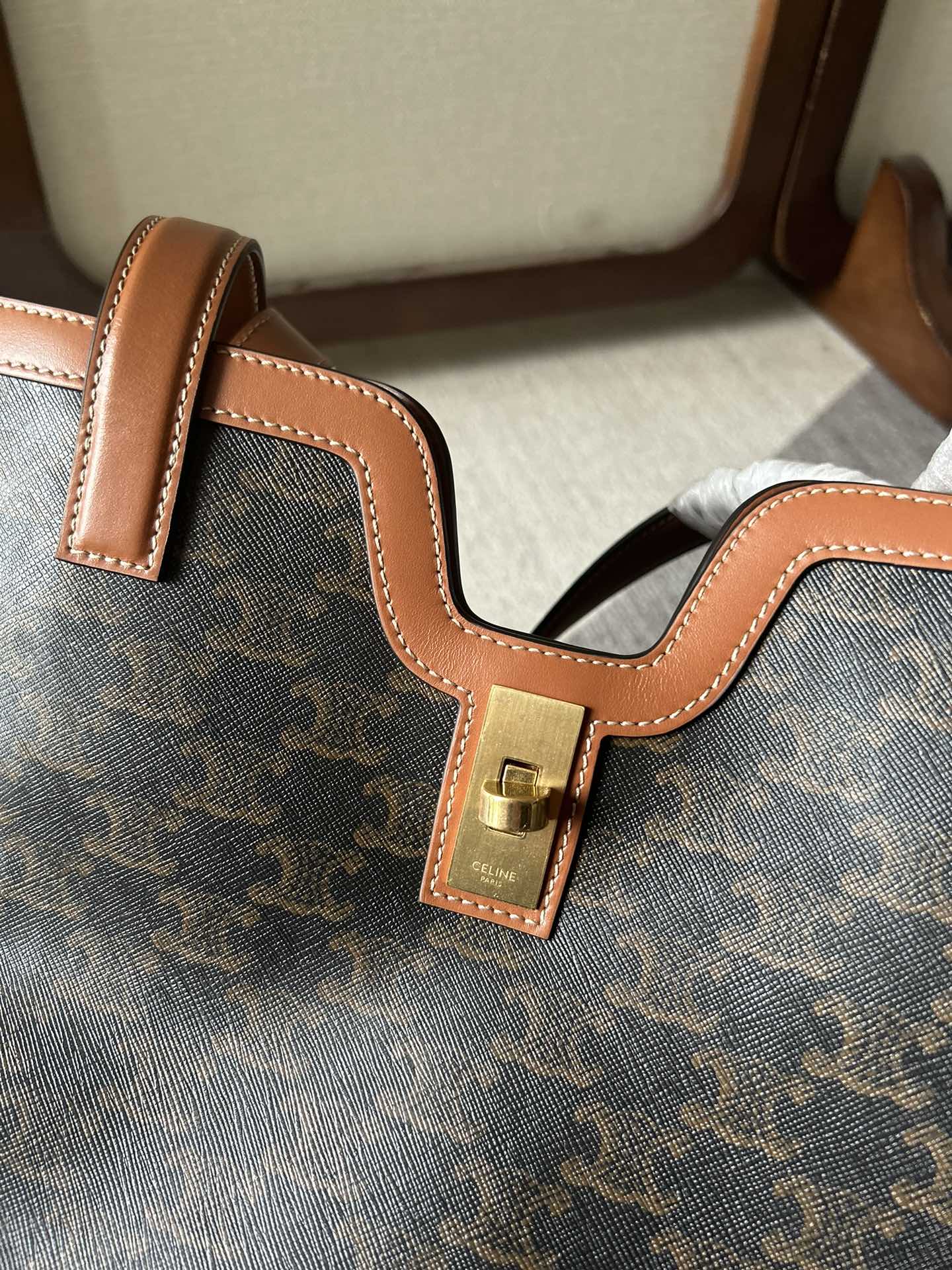 CELINE CABAS 37 IN BLACK TRIOMPHE CANVAS AND BRONZE BROWN CALFSKIN TRIM GOLD LOCK