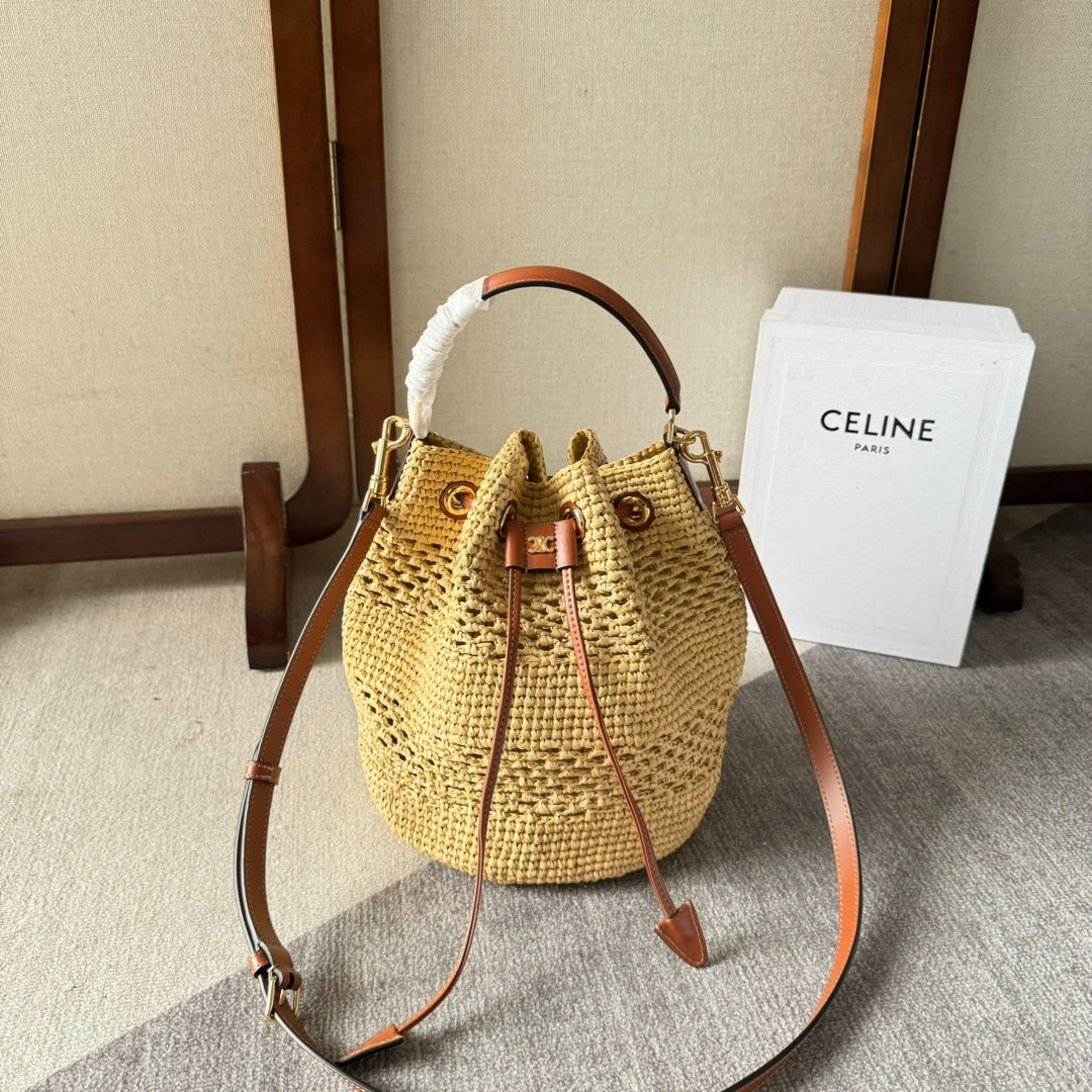 CELINE CLARA CLASSIC PANIER 25 IN BEIGE RAFFIA AND BROWN CALFSKIN