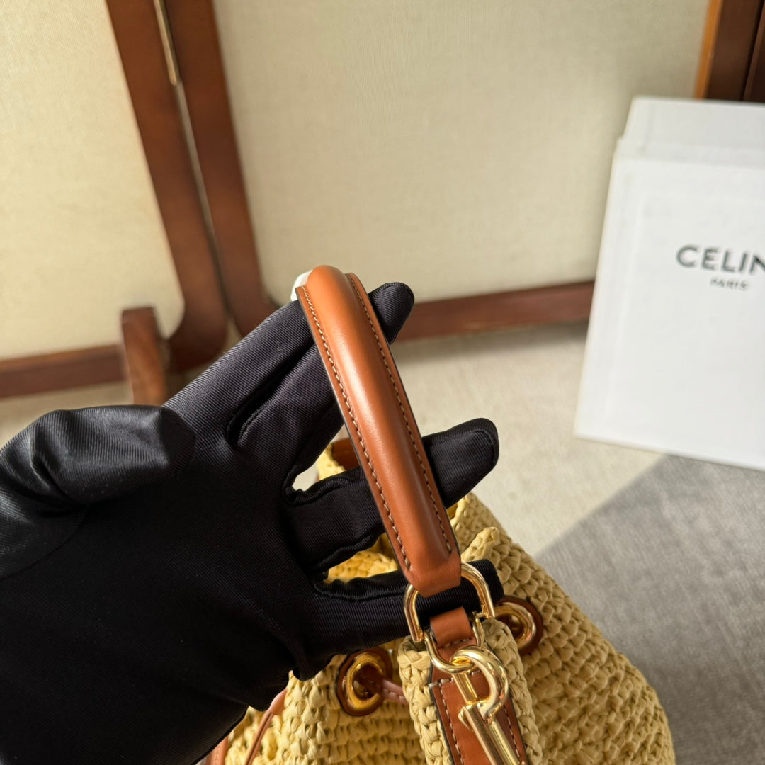 CELINE CLARA CLASSIC PANIER 25 IN BEIGE RAFFIA AND BROWN CALFSKIN